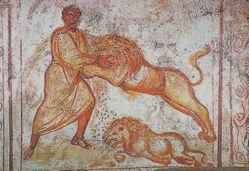 Sansao e o leao, mural da Catacumba de Via Latina, Roma 350-400 aC.jpg Sansao e o leao, mural da Catacumba de Via Latina, Roma 350-400 aC.jpg
